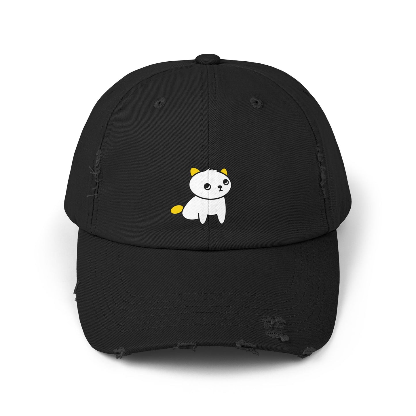 Cute Distressed Black Cap with Whimsical Cat Design, Casual Cap, Adjustable Hat, Gift for Animal Lovers, Everyday Wear, Fun Fashion
